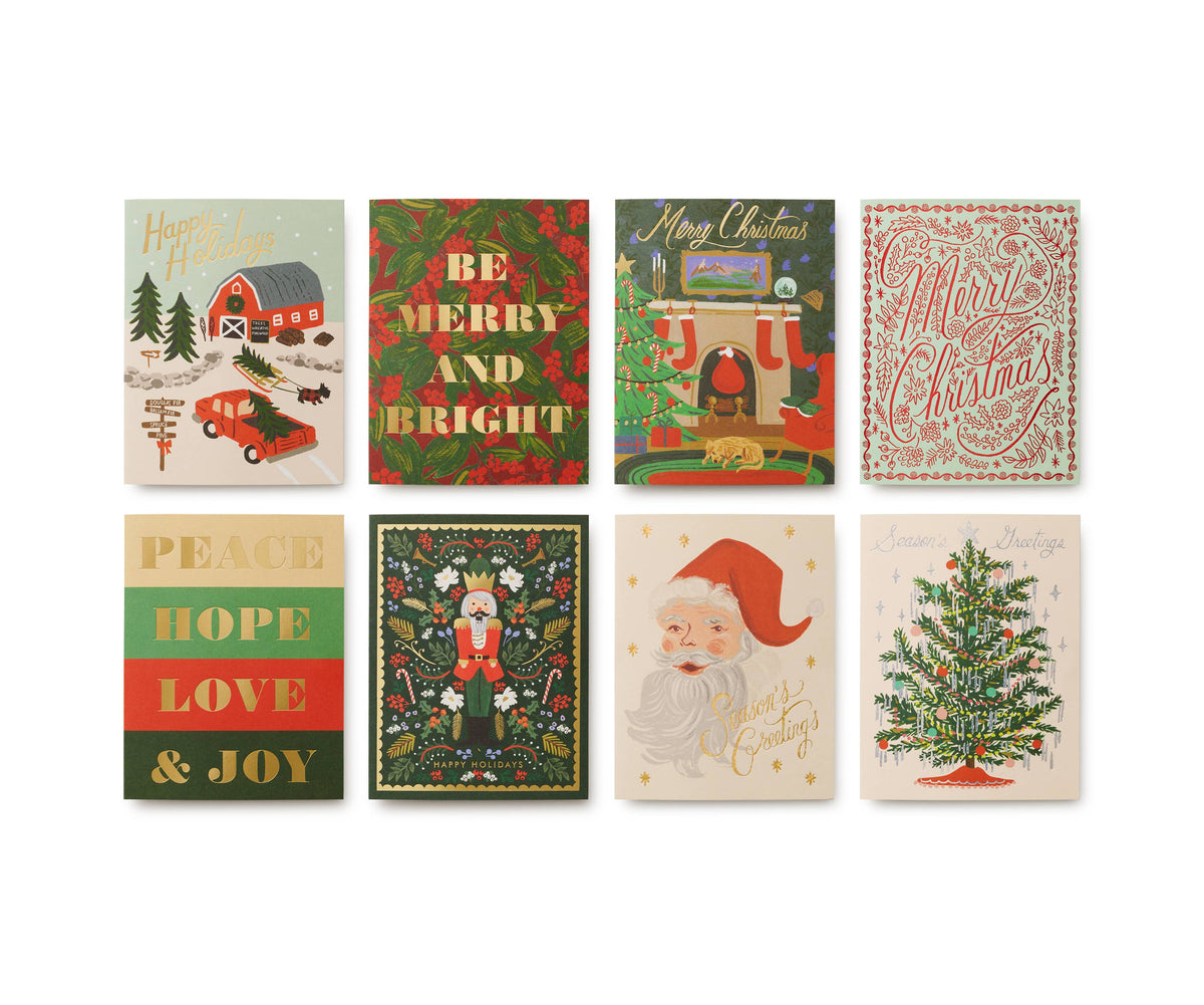Rifle Paper Co. Holiday Wishes card box, cards laid out