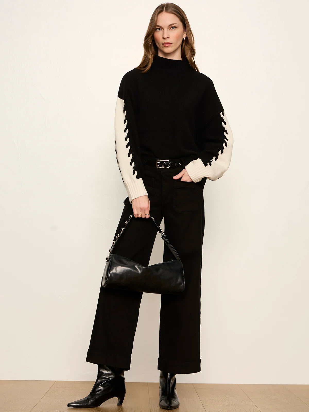 Colorblock Mock Neck Pullover, Black/Bone