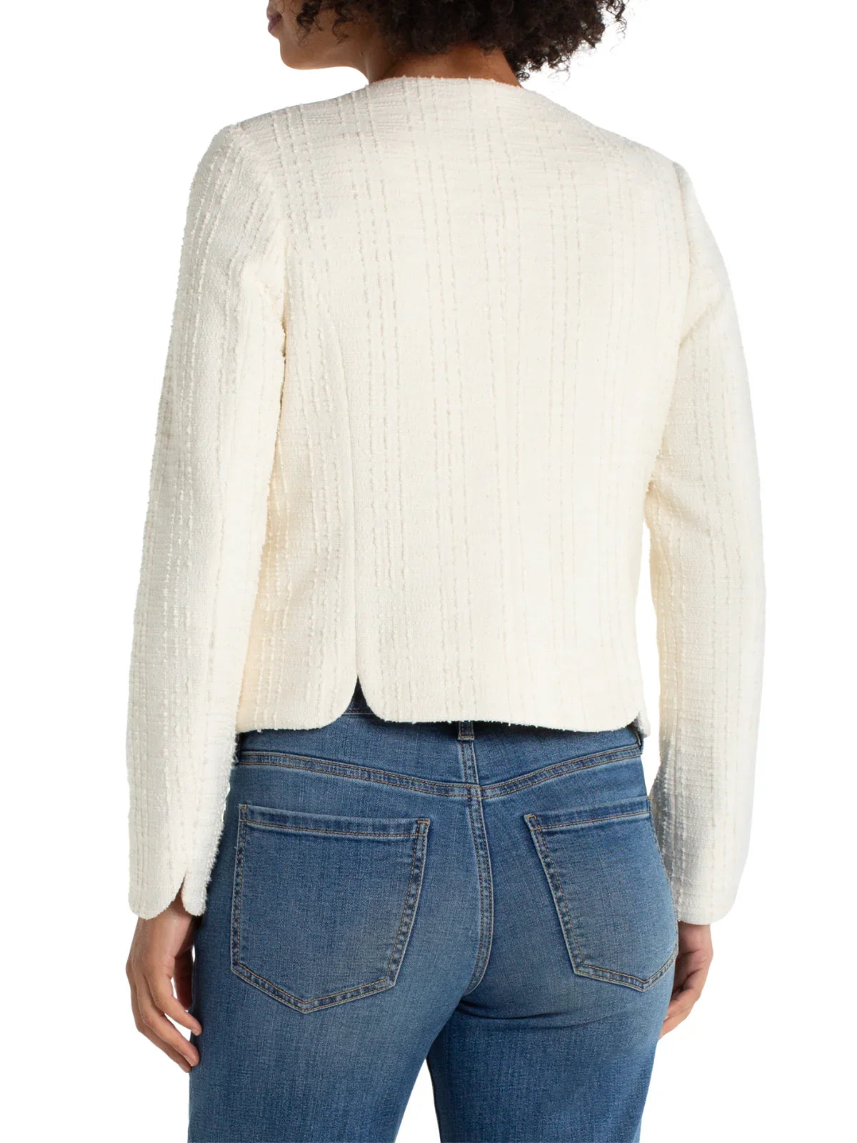 Liverpool collarless jacket with scallop detail, cream boucle, back view