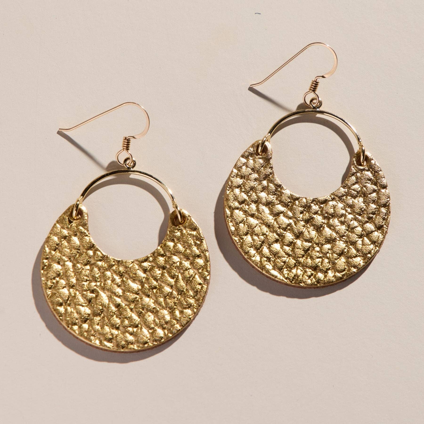 Hammered Gold Nina Leather Hoop Earrings