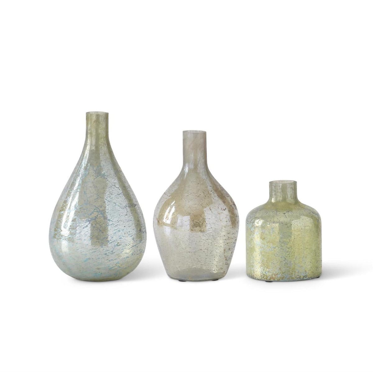 Antique light green matte glass bottle vases, set of 3 sizes