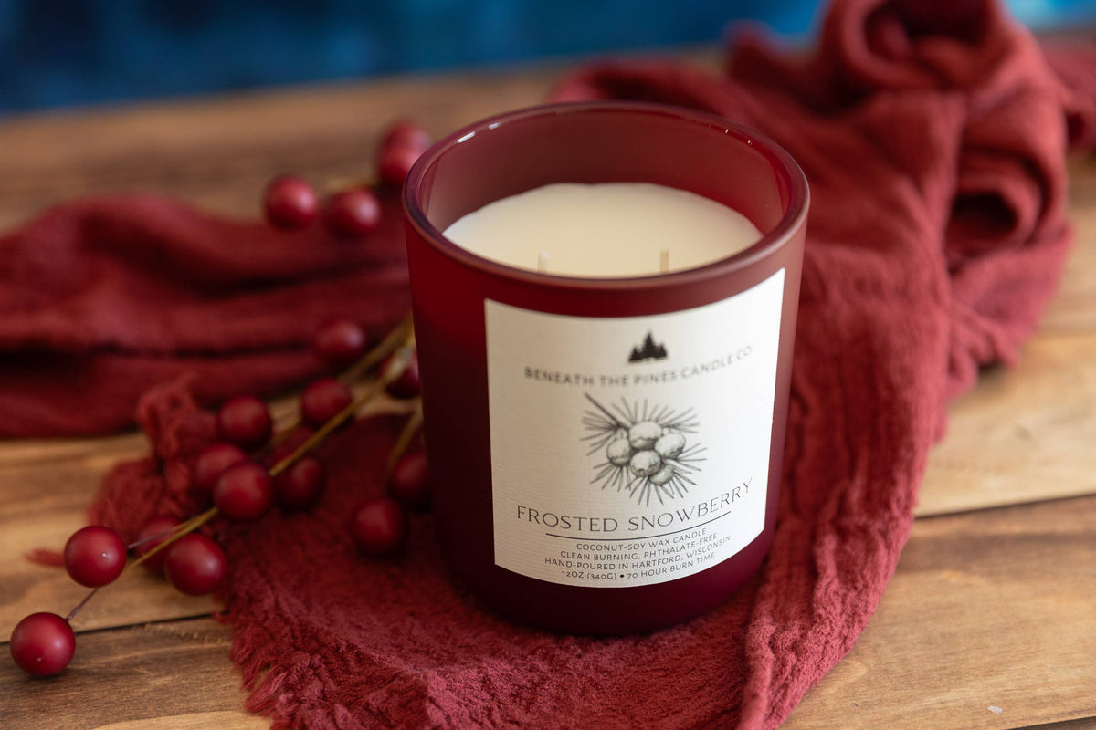 Beneath The Pines Candle Co. Frosted Snowberry soy candle in glass jar