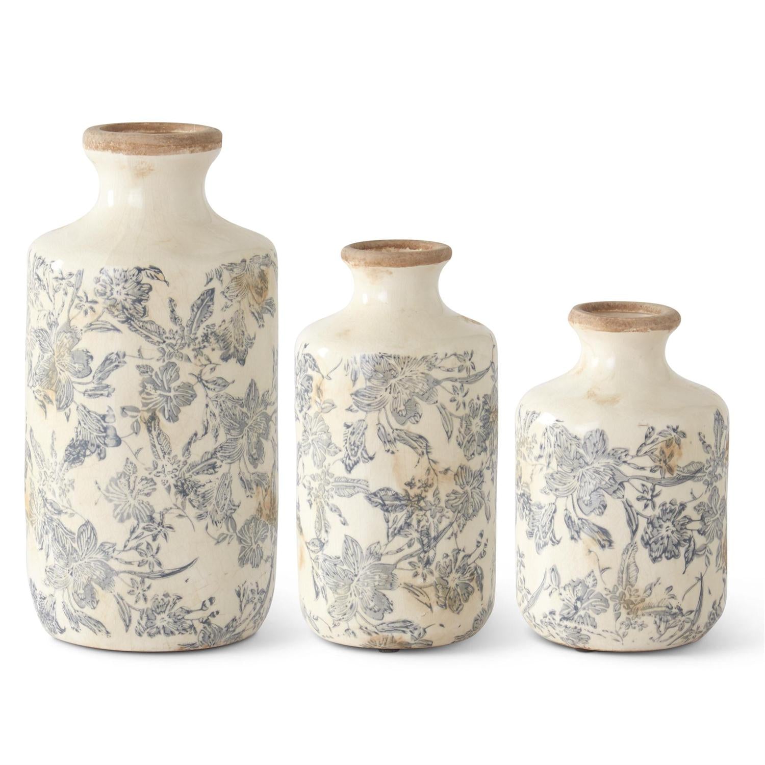White & Gray Floral Ceramic Vases, 3 sizes