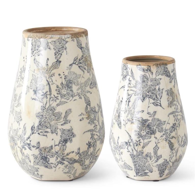 White & Black Floral Ceramic Vases, 2 sizes
