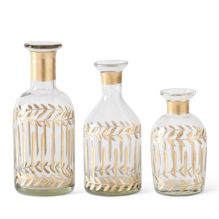 Gold Gilded Leaf Etched Clear Glass Vases, 3 sizes