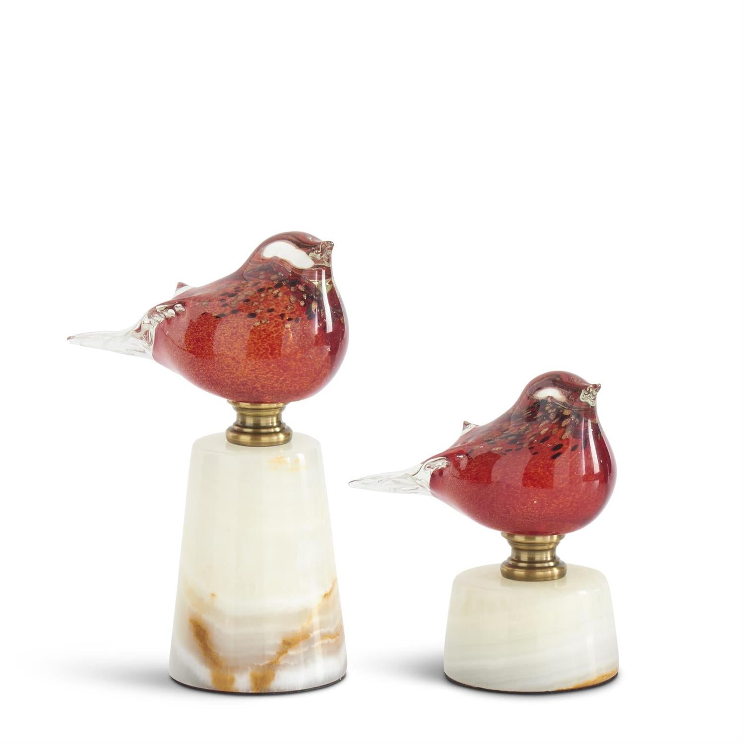 Red Glass Bird on White Marble Bases, 2 sizes