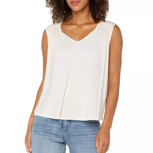 Liverpool sleeveless v-neck shirred top, whipped cream