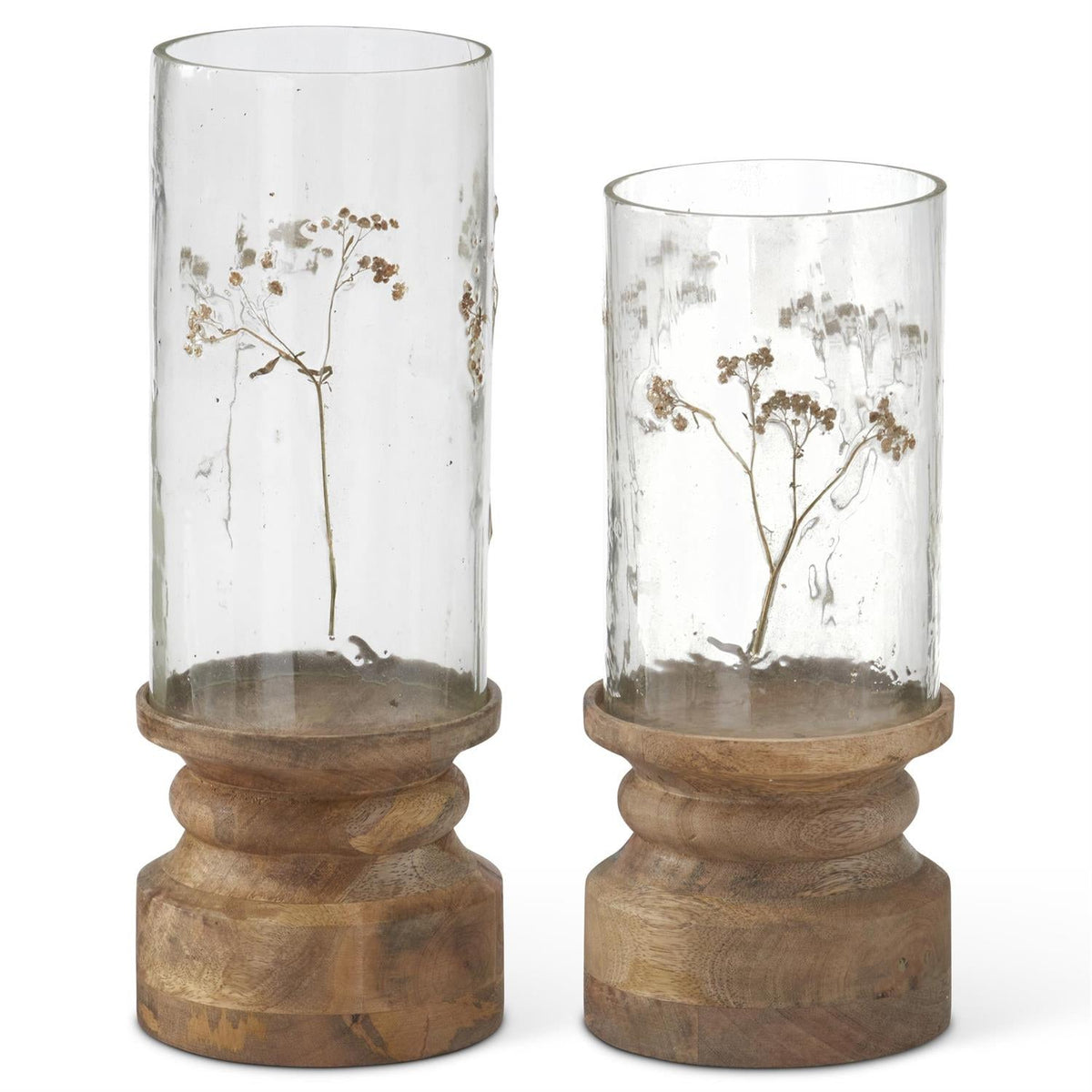 Dried floral glass hurricane candleholders, set of 2 sizes