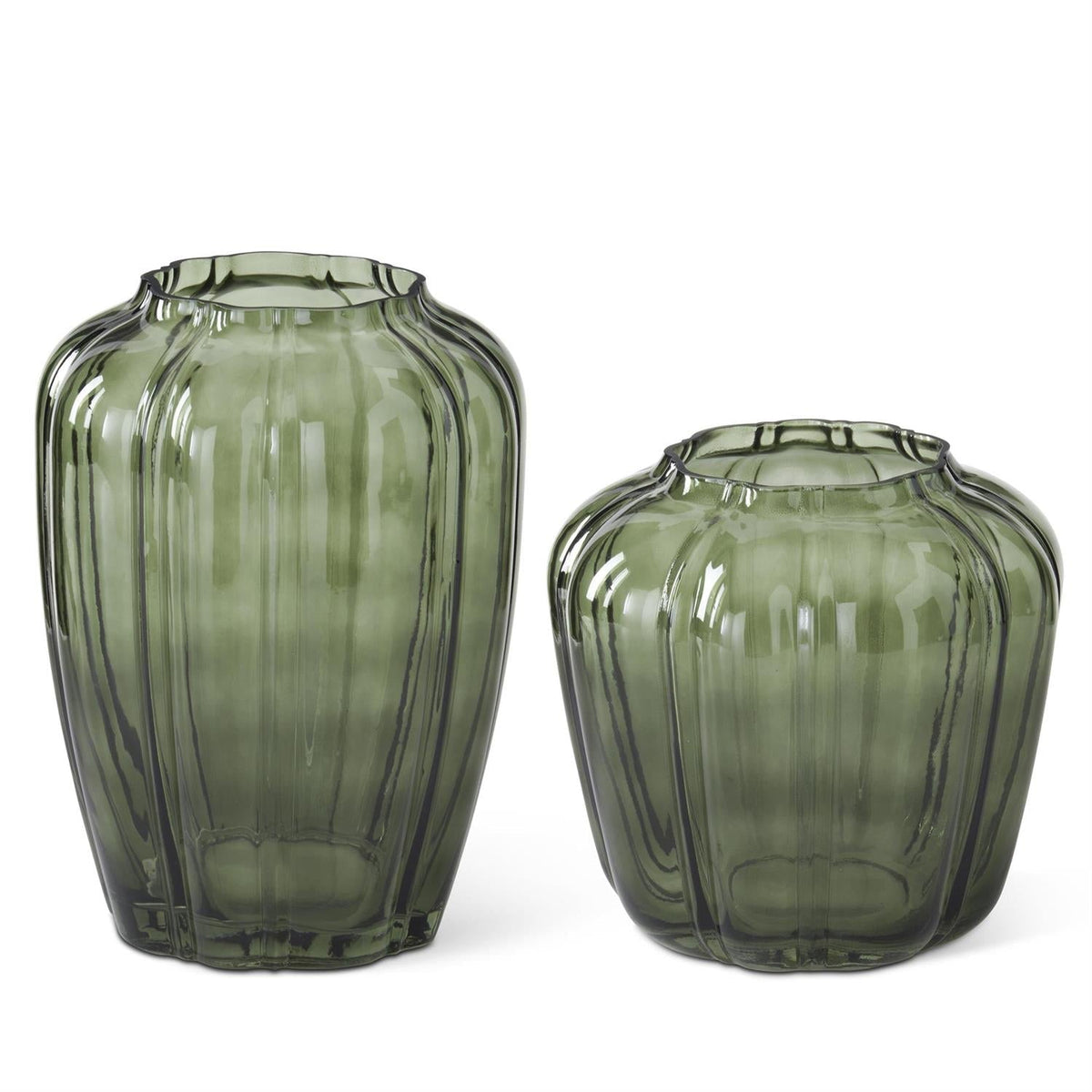 Scalloped green line pressed glass vases, set of 2 sizes