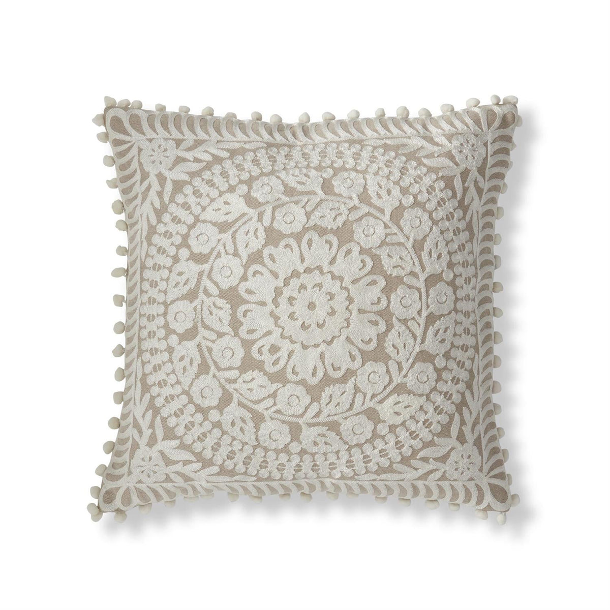 Pompom Trim Beige & Cream Circle Embroidered, 20"