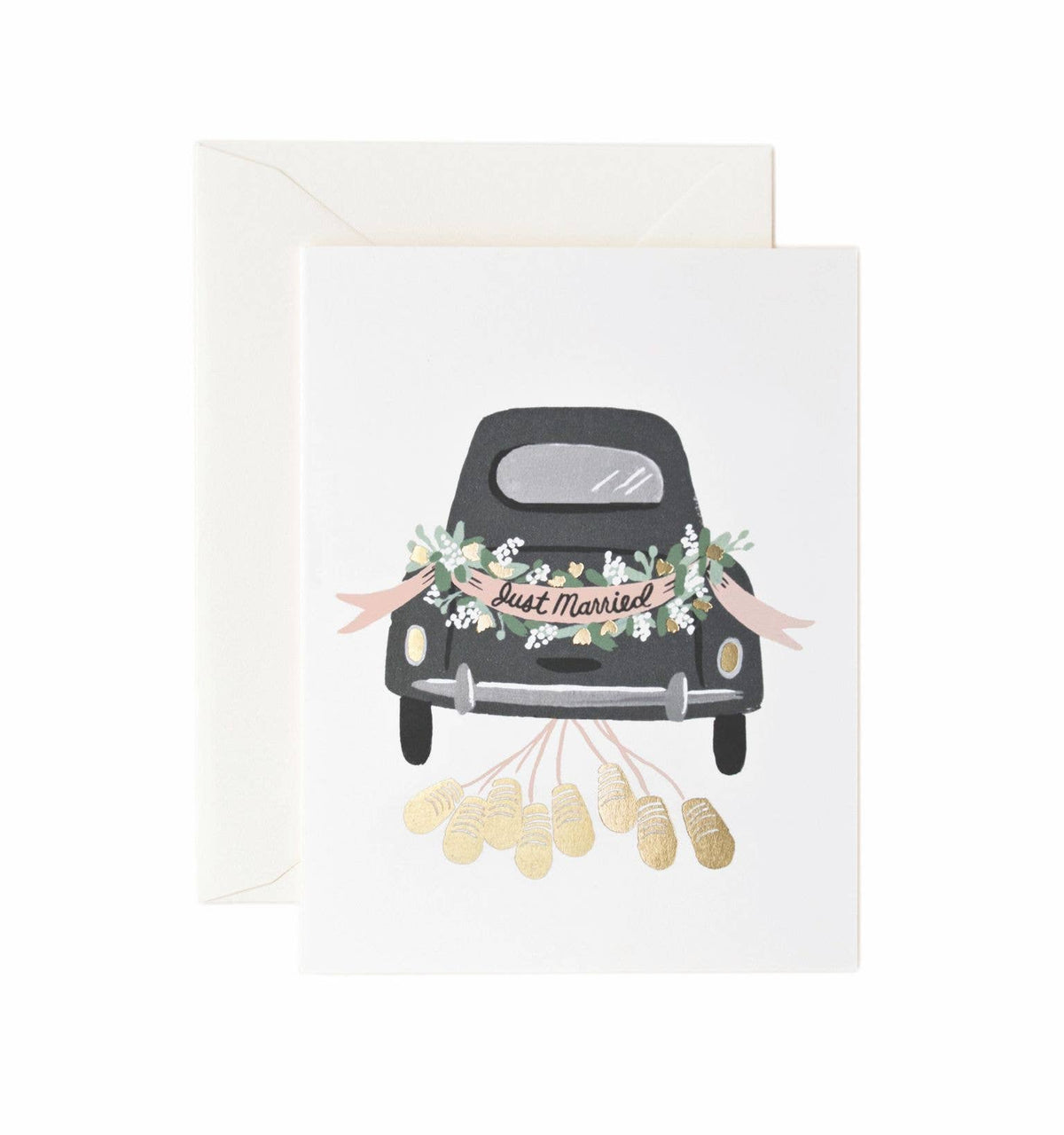 Rifle Paper Co. Just Married Getaway wedding card, front view