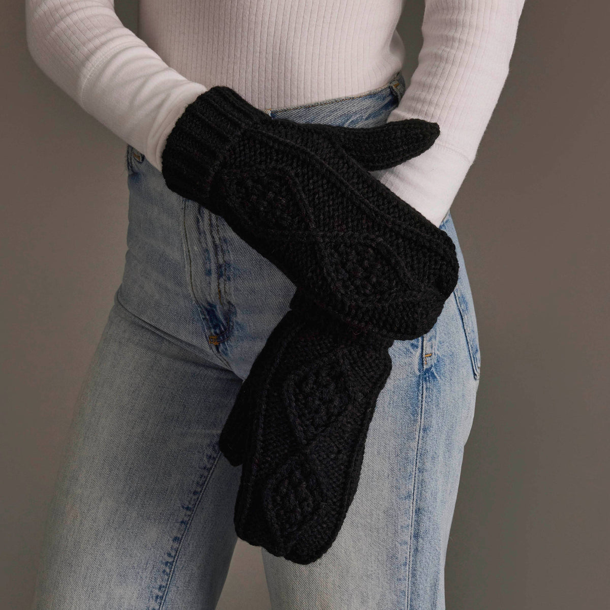 Panache Apparel Co. black cable knit mittens, fleece-lined