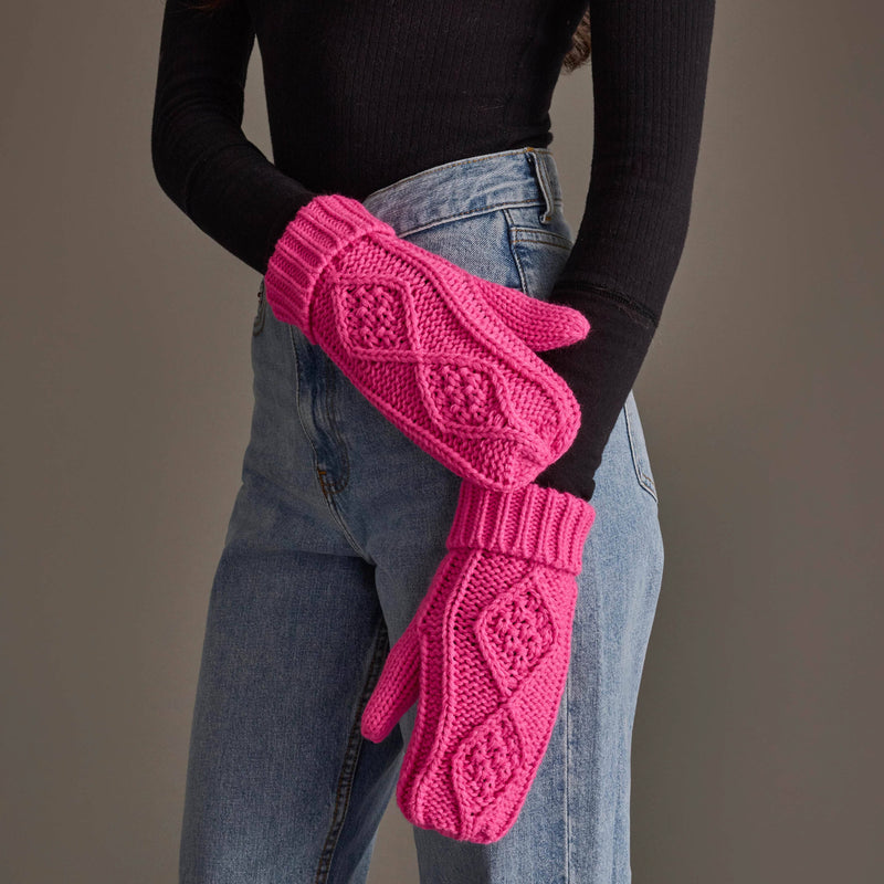 Panache Apparel Co. bright pink cable knit mittens with ribbed cuff