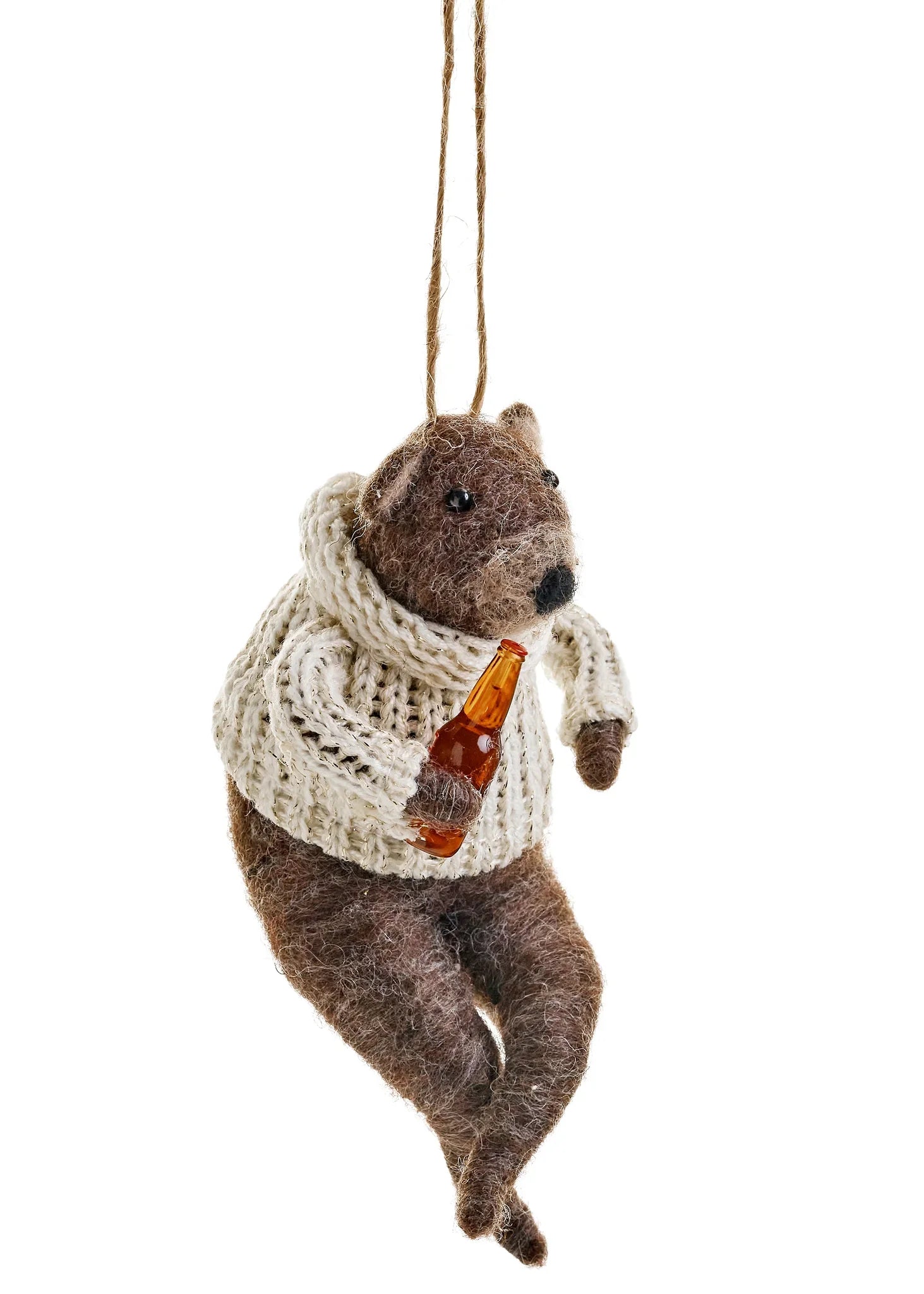 ORNAMENT BEAR W/BOTTLE WOOL BEIGE/BROWN