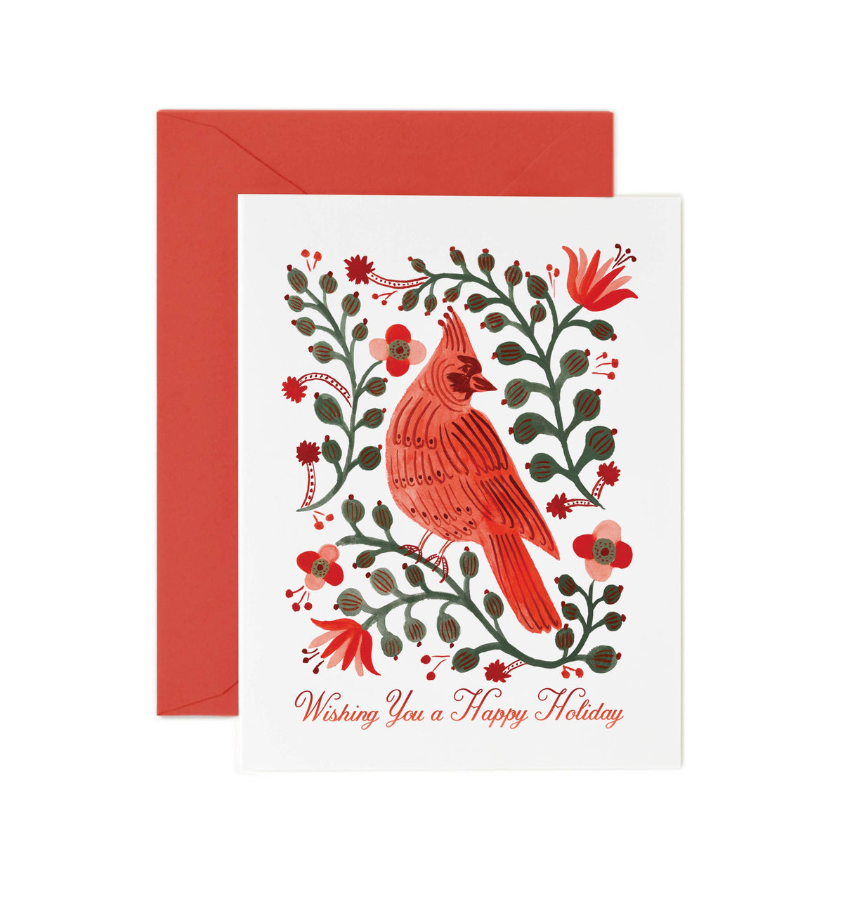 Rifle Paper Co. Happy Holidays cardinals card, front view