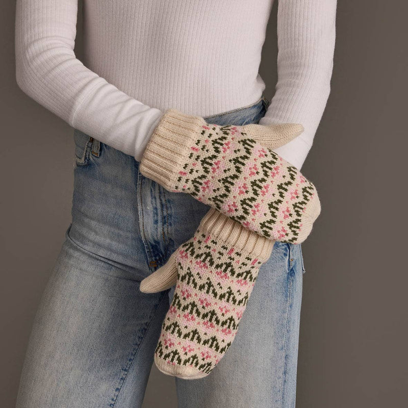 Panache Apparel Co. cream and pink floral knit mittens with ribbed cuffs