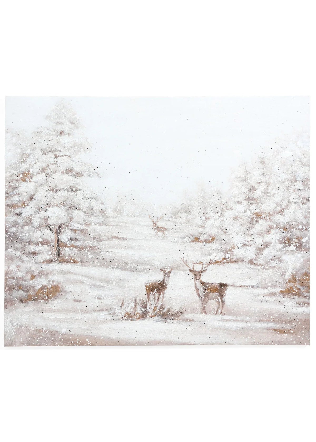 Hand painted winter scene canvas with deer, 31.5x39 inches