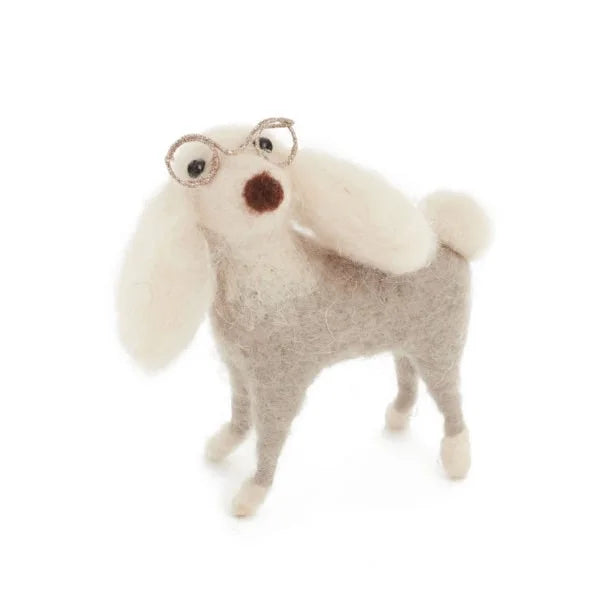 Handcrafted wool dog ornament with glass accents, cream and gray