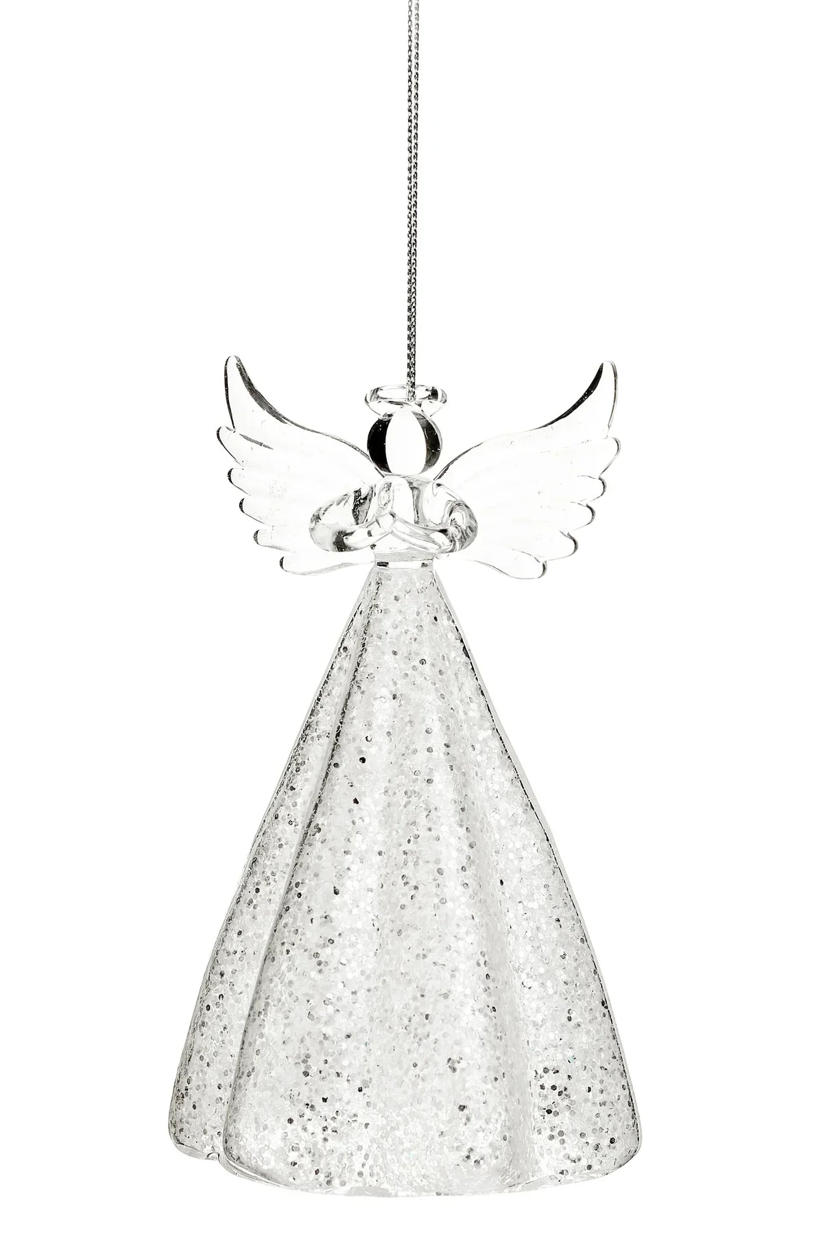 Glass angel ornament, clear and white, 5 inches