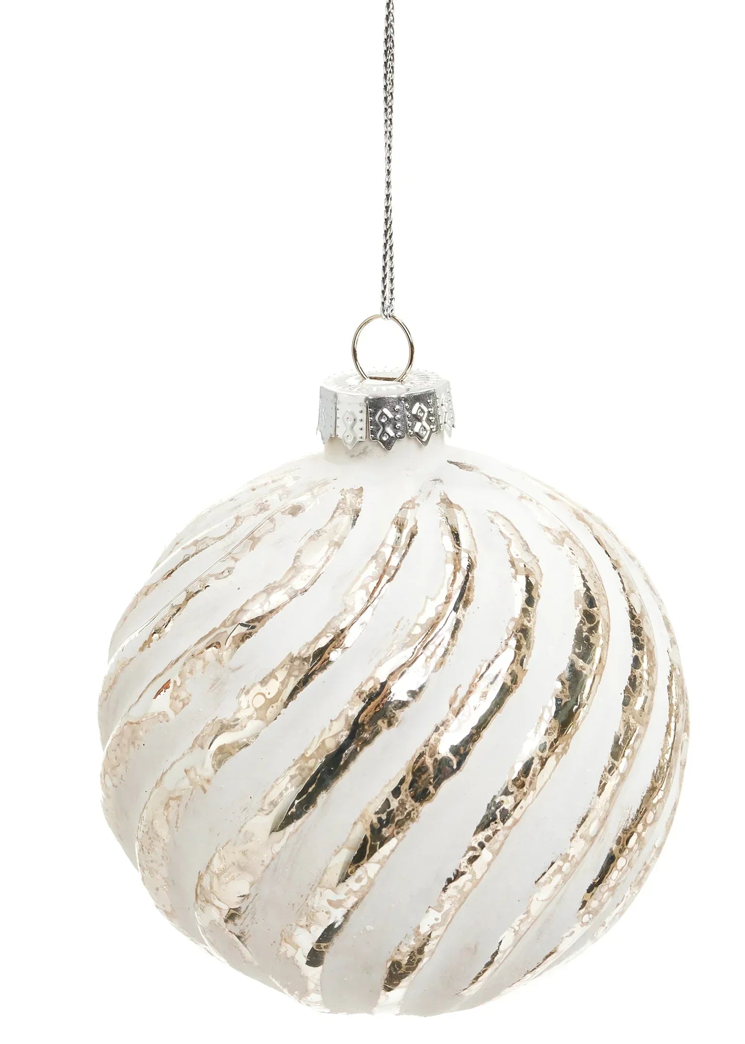 Glass Ball Swirl Ornament 3" - White & Silver