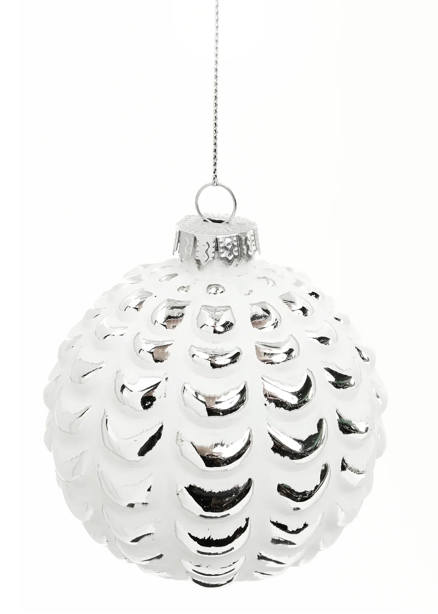 Glass Ball Ornament with Design 3" - White & Silver