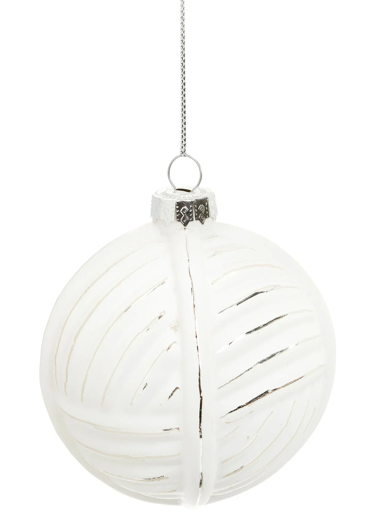 Glass ball ornament with design, white and silver, 3 inches