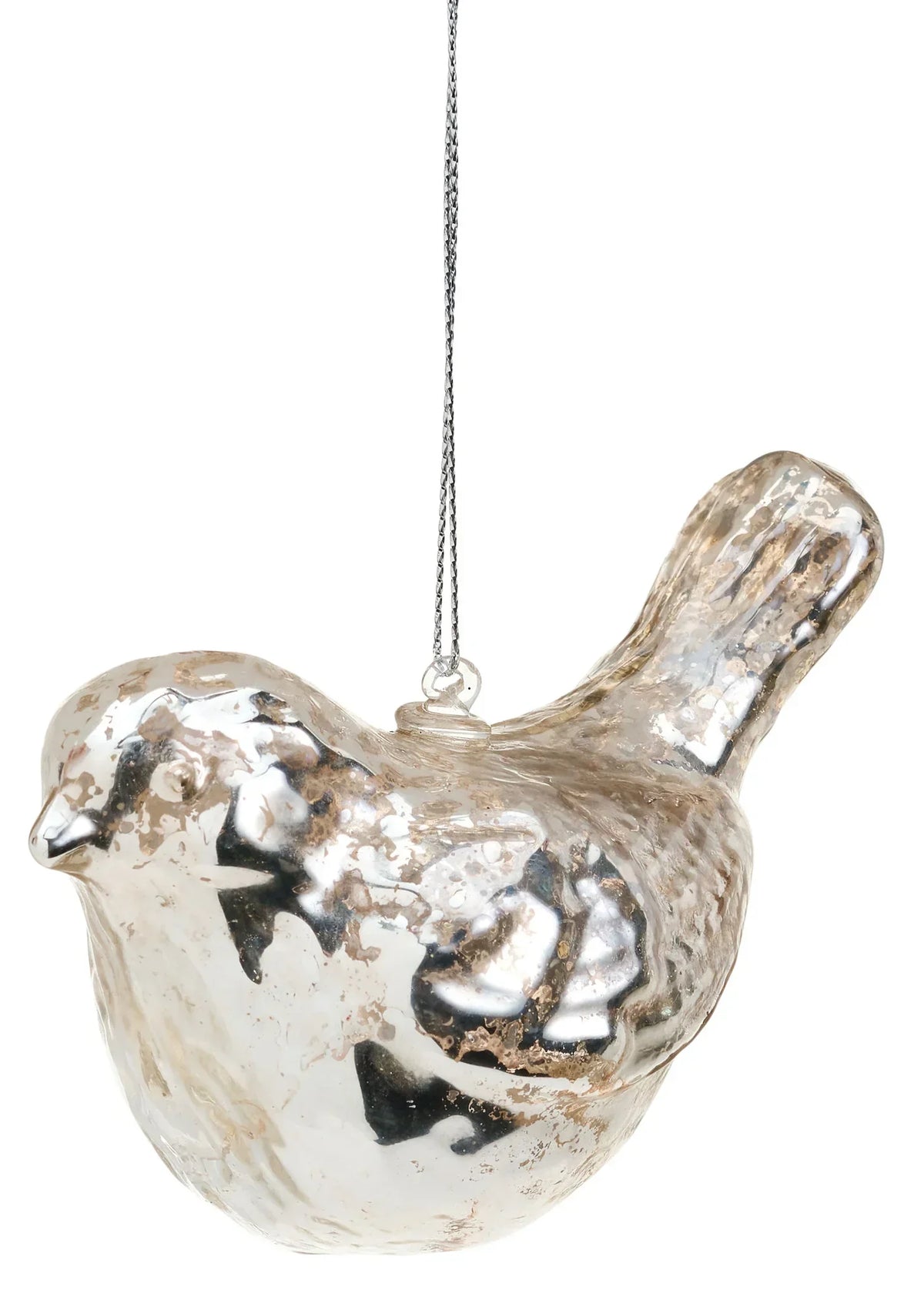 Mercury glass bird ornament, silver, 2.5x4 inches