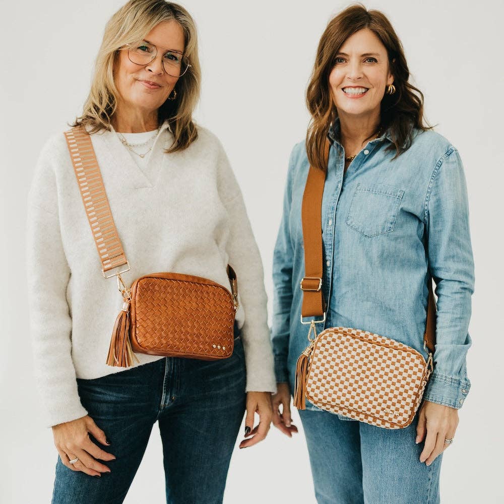 Woven Willow Camera Crossbody Bag, Brown