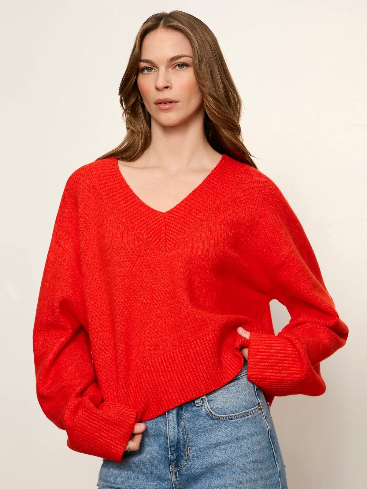 Vanna Vneck Sweater, Red Hot