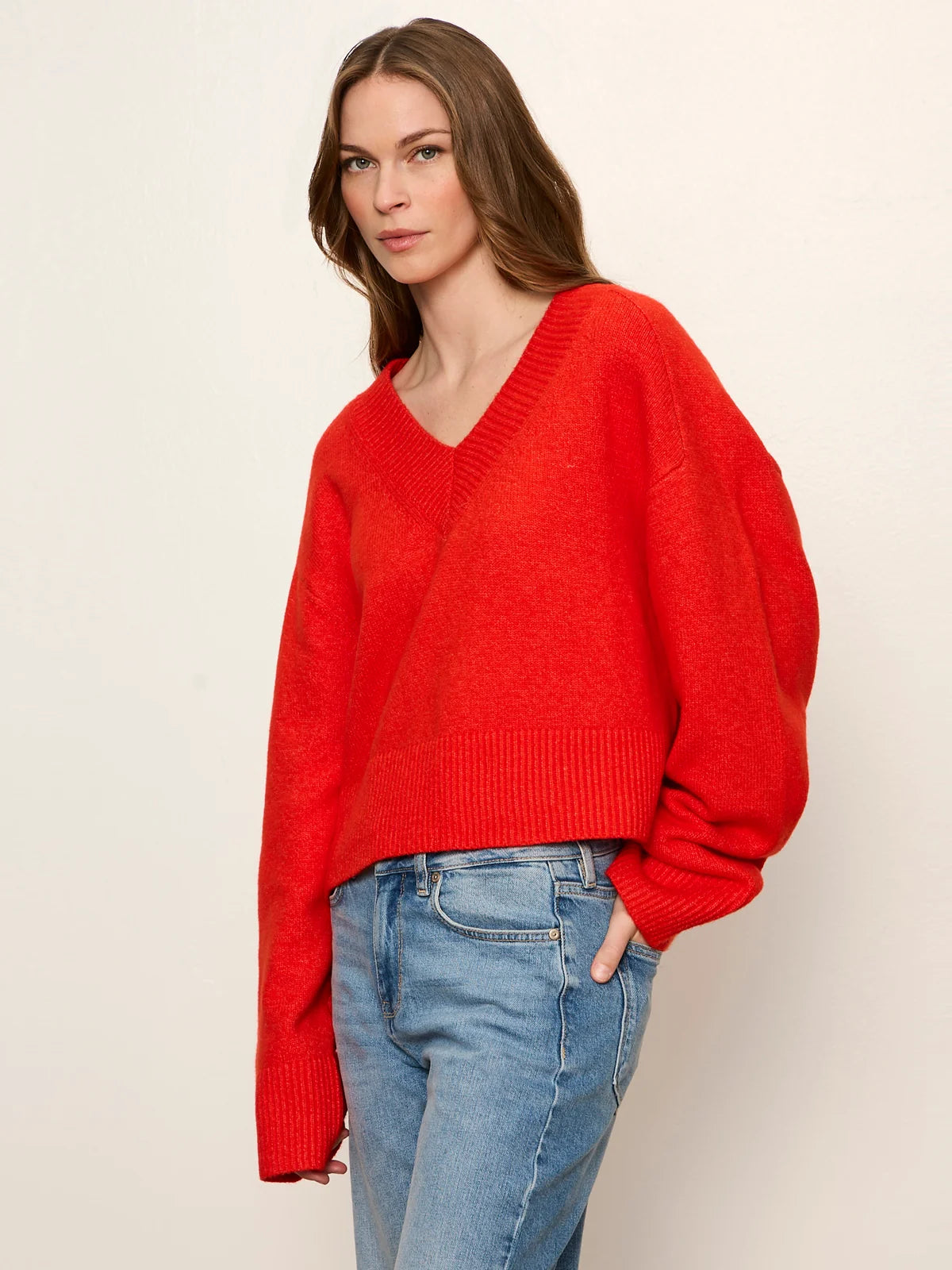 Vanna Vneck Sweater, Red Hot