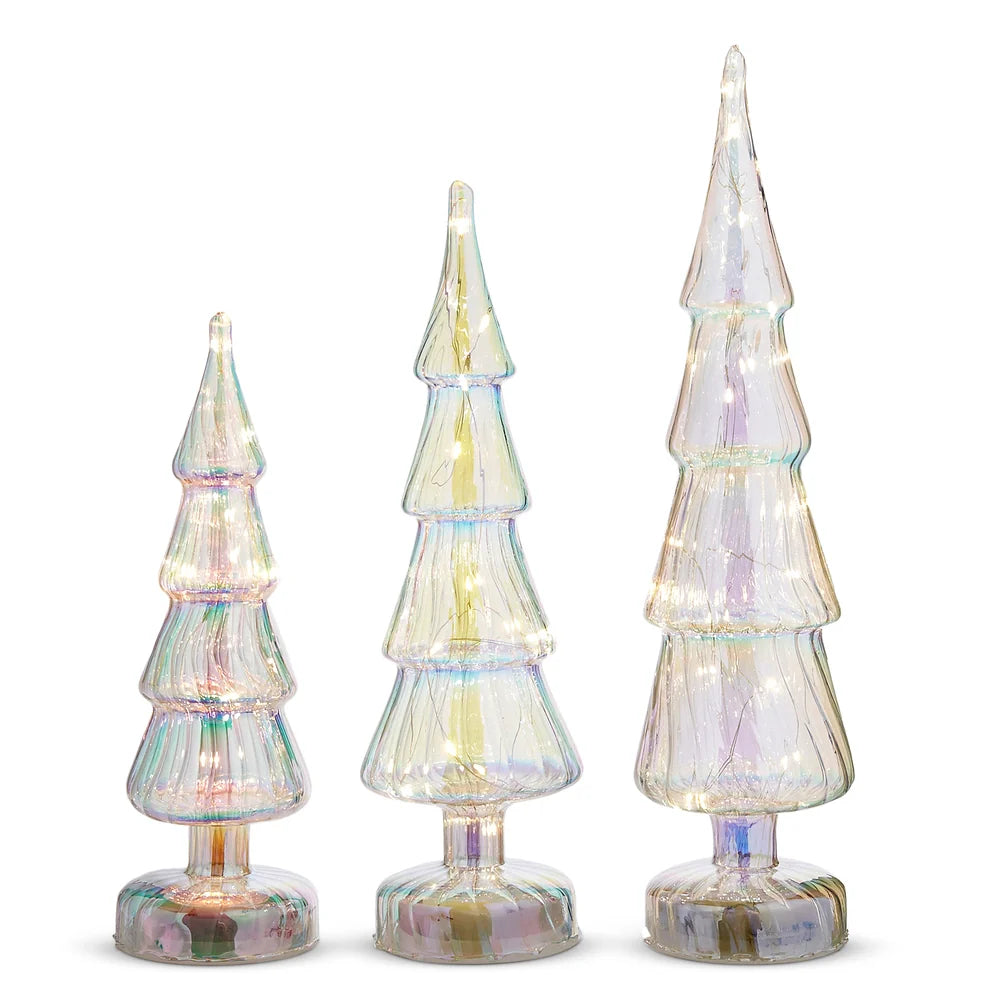 Lighted White Iridescent Glass Trees, 3 sizes