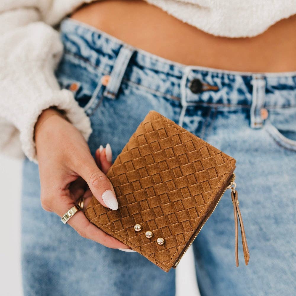 Pretty Simple Kat faux suede wallet in chocolate, camel, and black