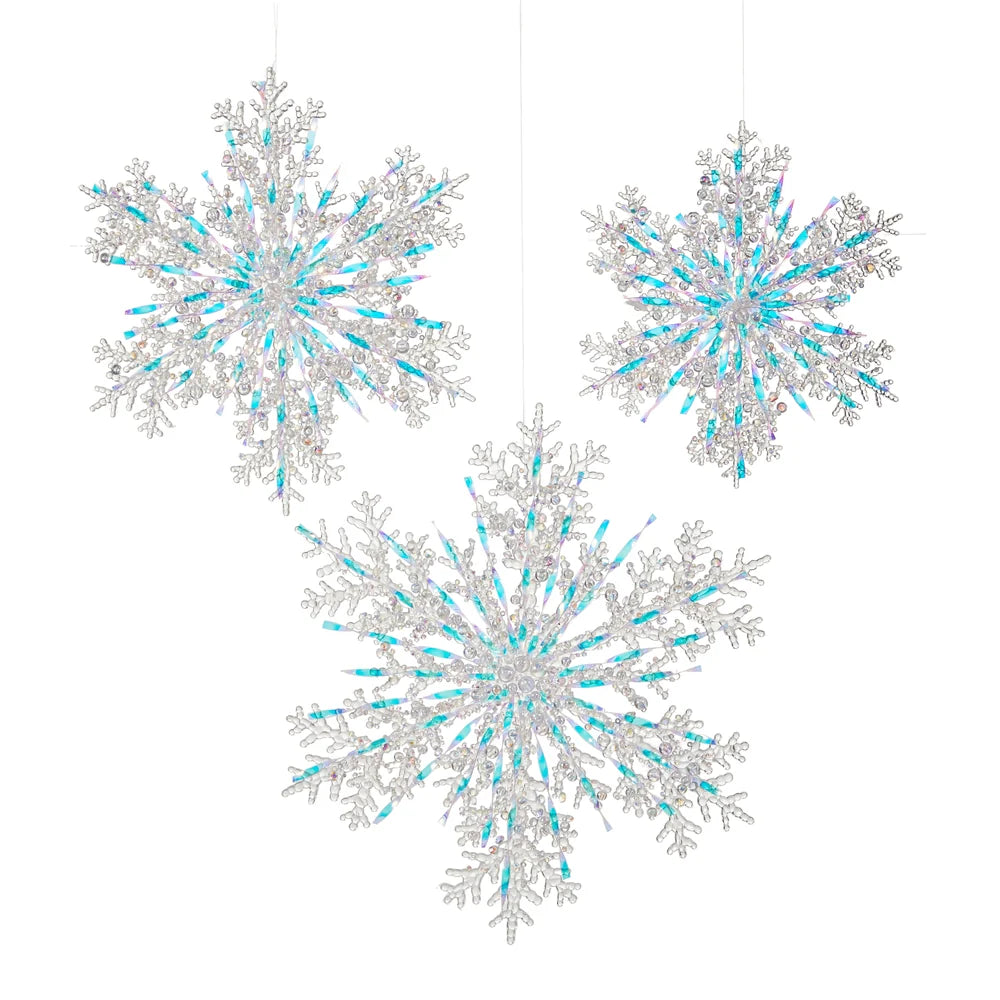 White Iridescent Snowflake Ornaments, 3 sizes