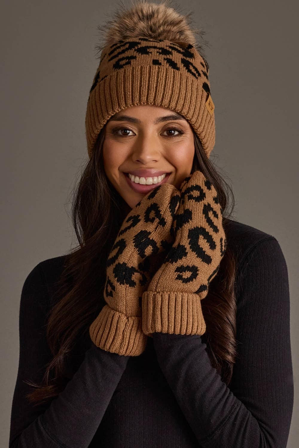 Panache Apparel Co. camel leopard print knit mittens with ribbed cuff
