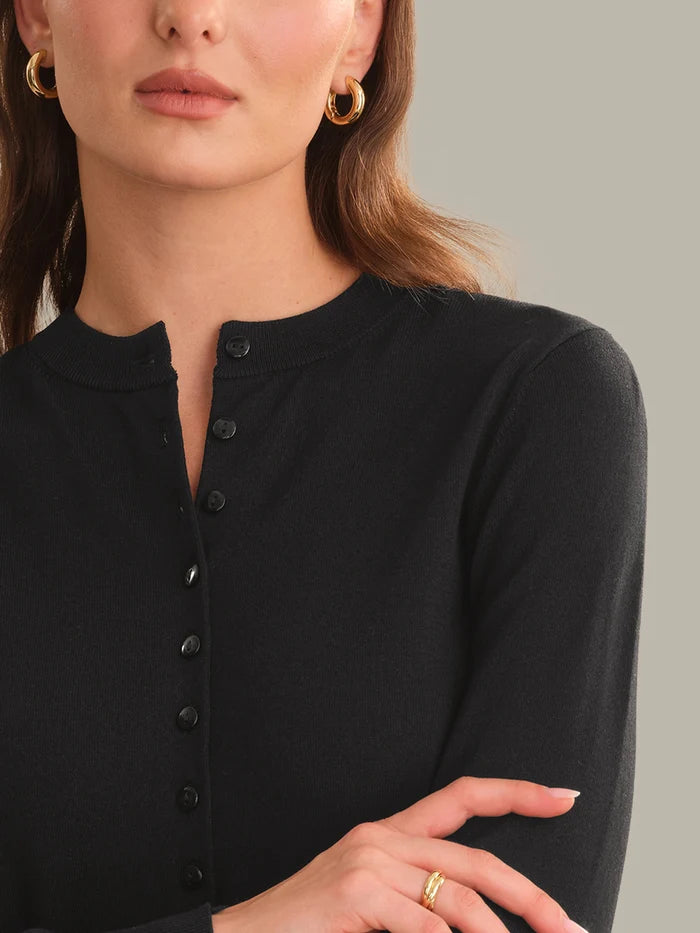Winona Longsleeve Button Crew Cardi, Black