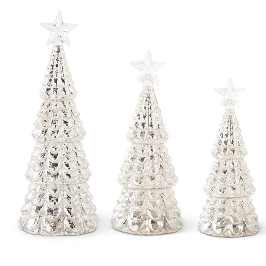Mercury glass star top LED Christmas trees with timers, set of 3 sizes