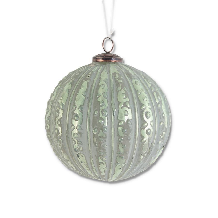 Distressed Green Glass Embossed Ball Ornament