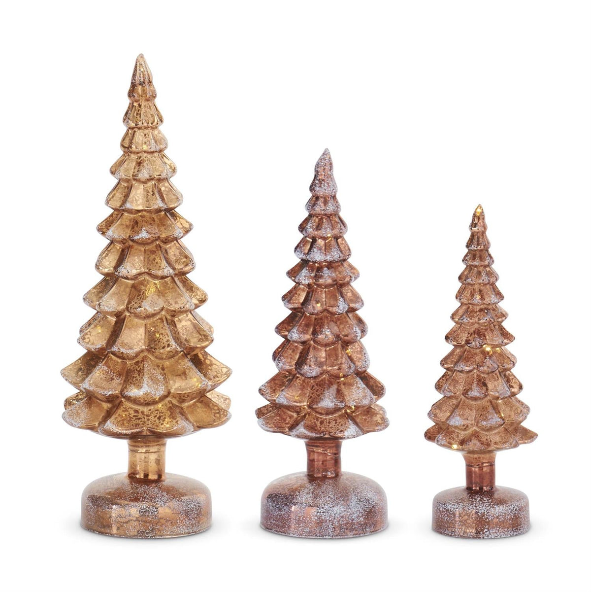 Frosted copper LED mercury glass trees on pedestals, set of 3 sizes