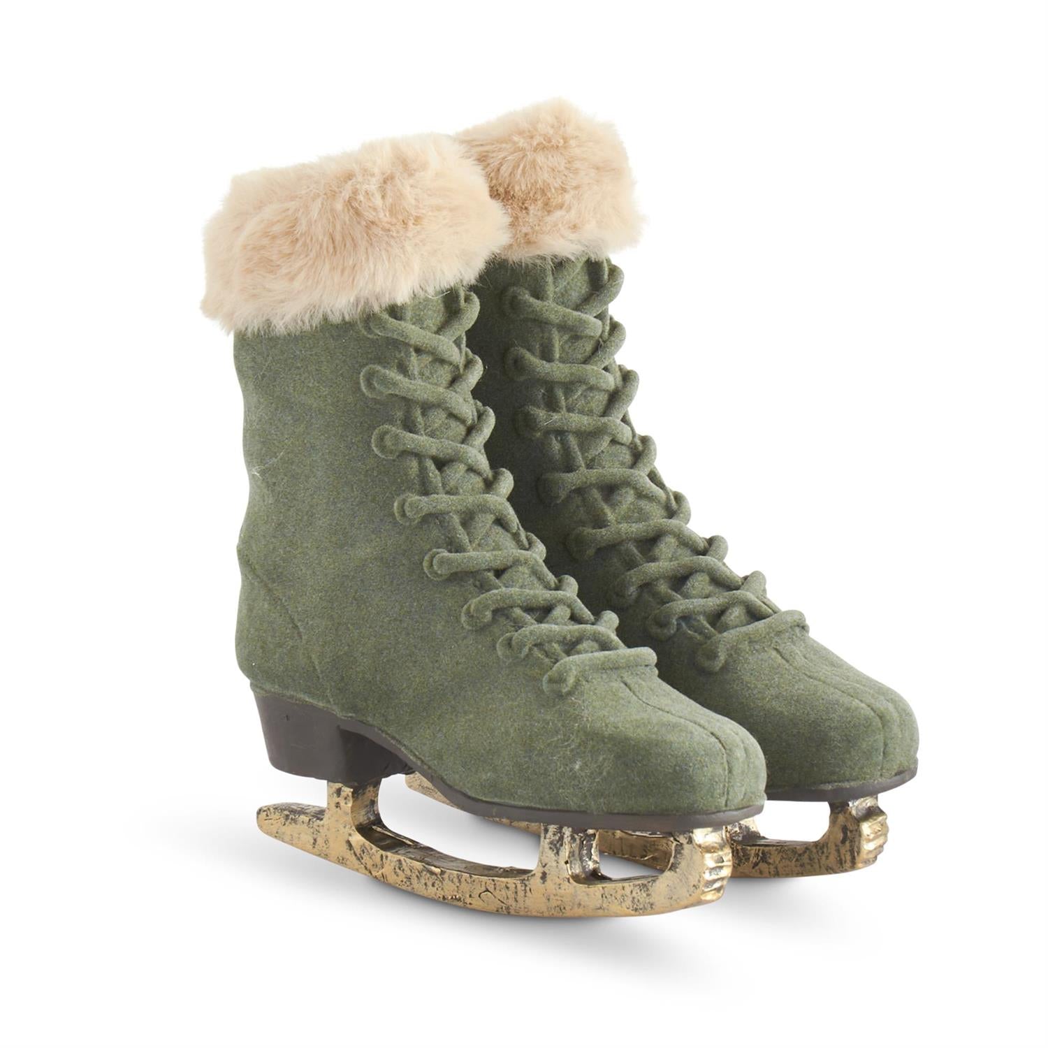 Sage Green Velvet Ice Skates w/Beige Faux Fur Trim, 7"