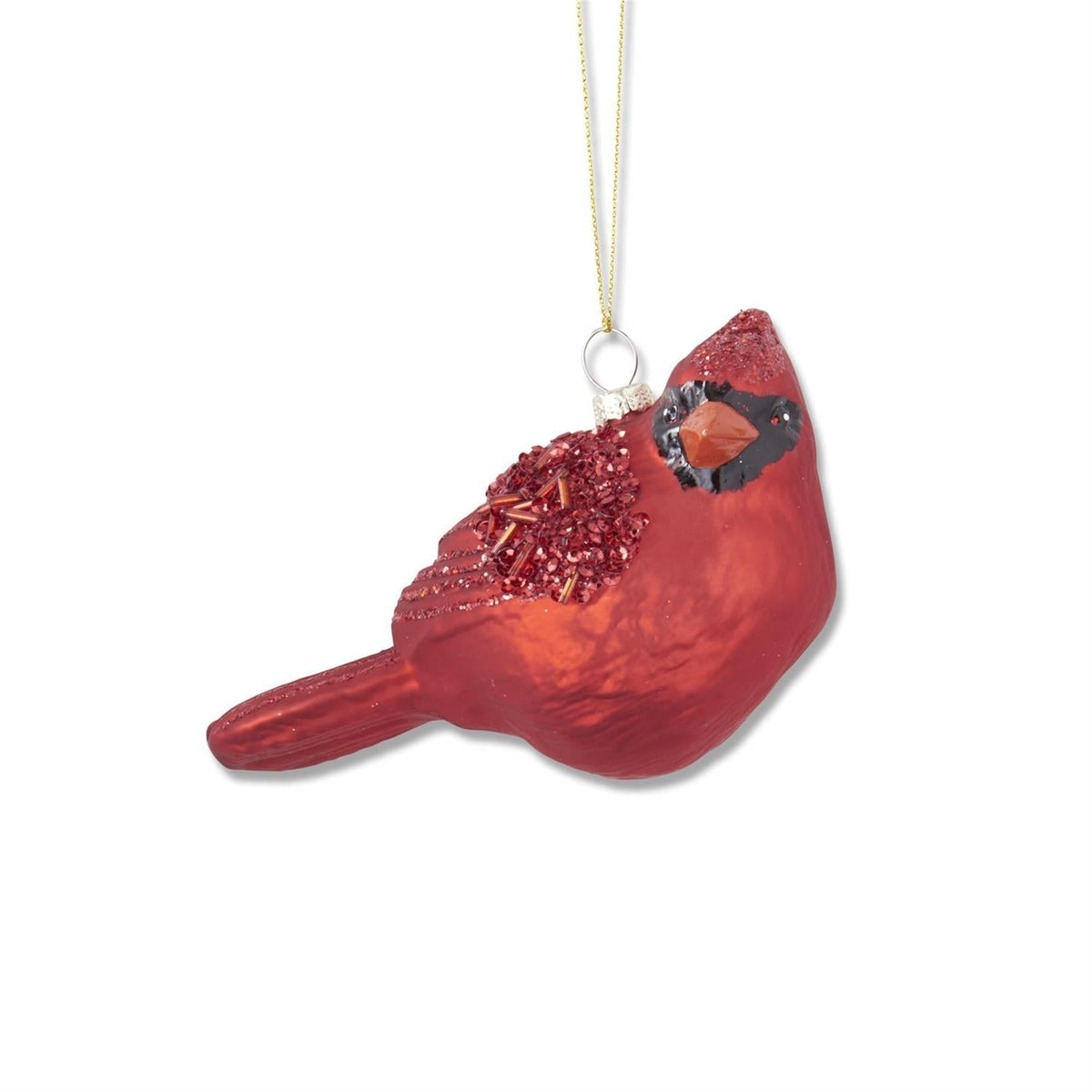 Red glittered and beaded blown glass cardinal ornament, 3 inches