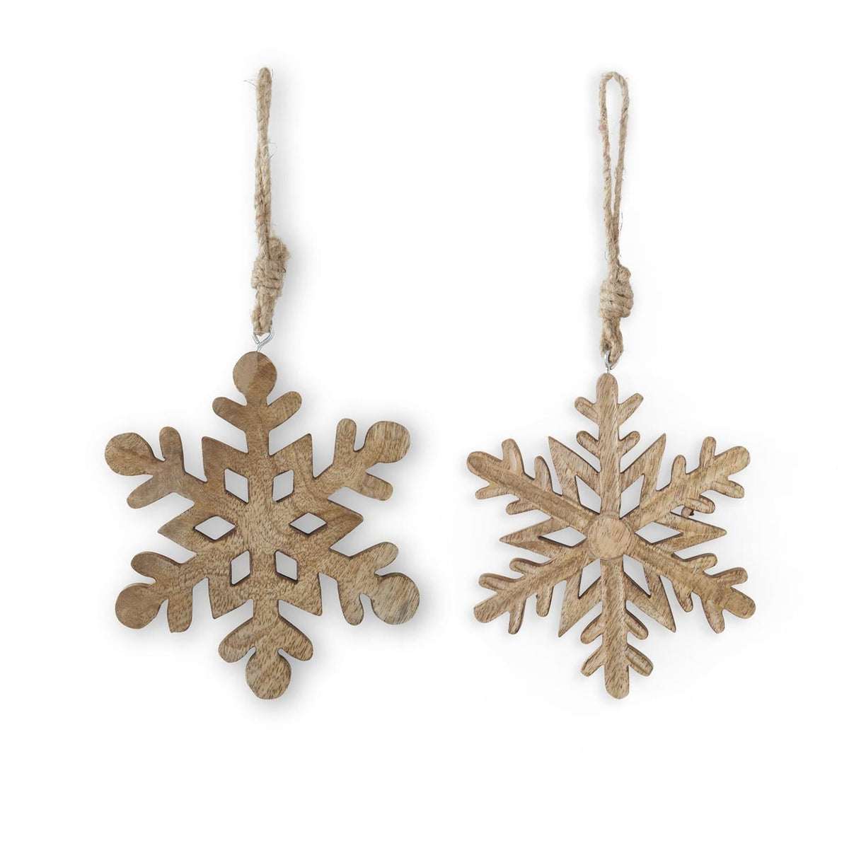 Mango wood snowflake ornament with jute hangers, 6 inches, assorted styles