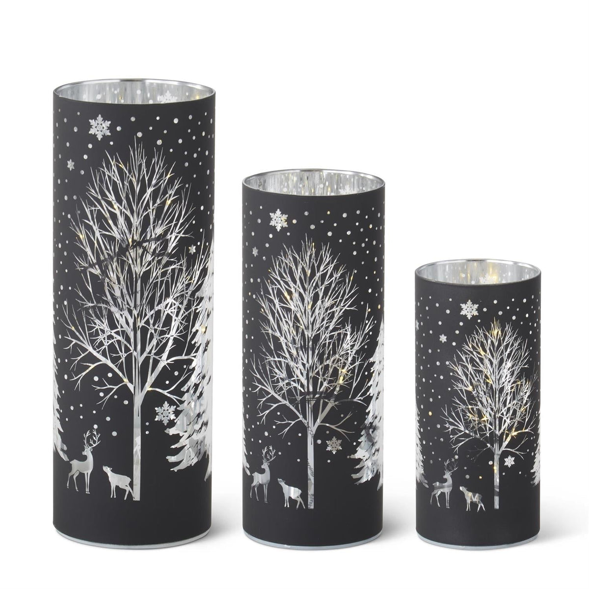 Black laser engraved winter scene LED cylinders, set of 3 sizes