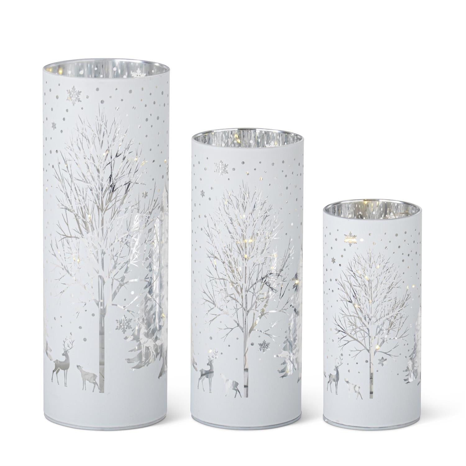 White Laser Engraved Winter Scene LED Cylinders, 3 sizes