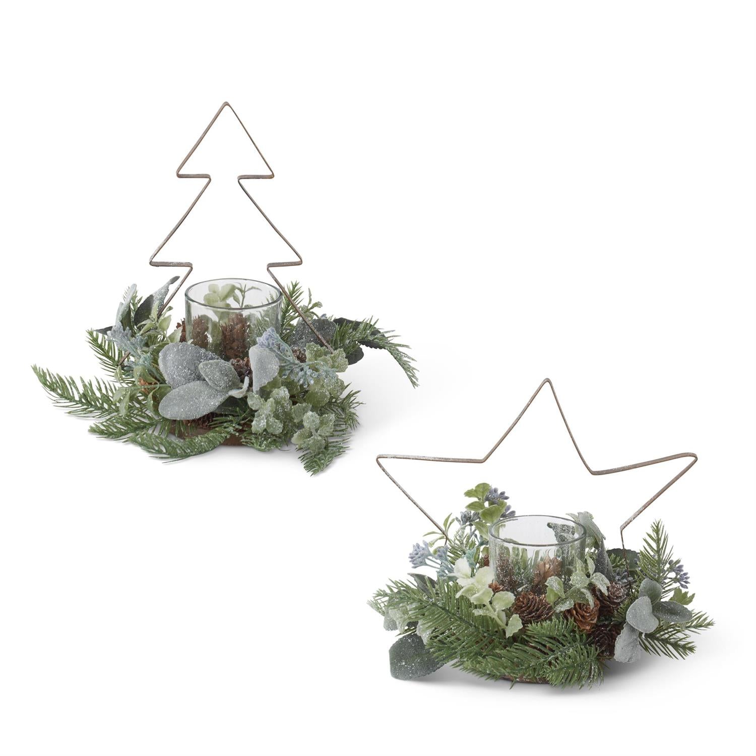 Glittered Pine & Metal Tree/Star Candleholder, 2 styles