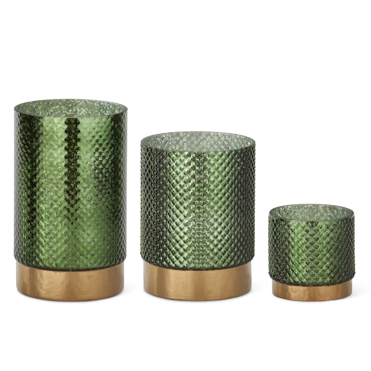 Green dot glass candleholders with antique brass band, set of 3 sizes