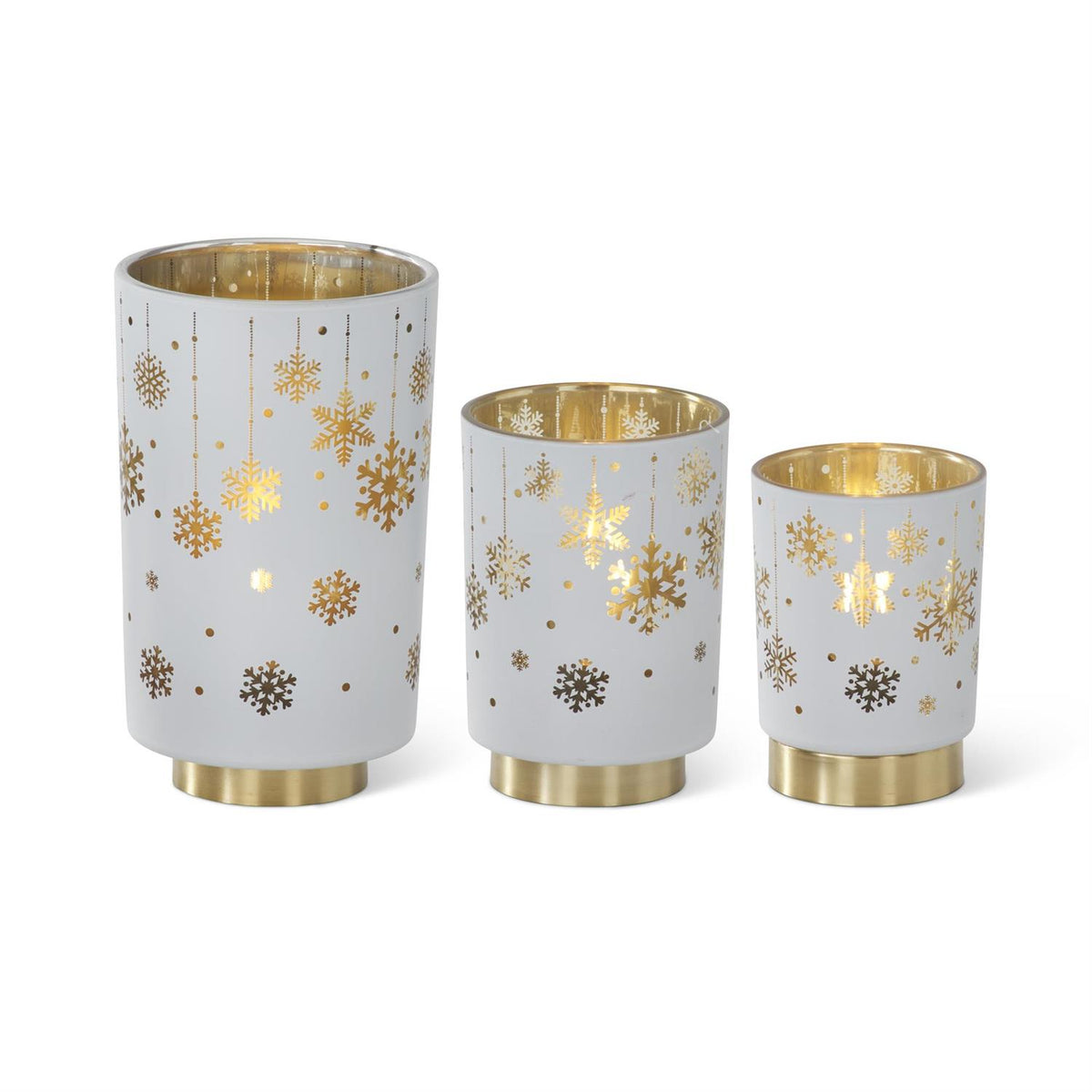 White and gold snowflake LED glass cylinders in three sizes
