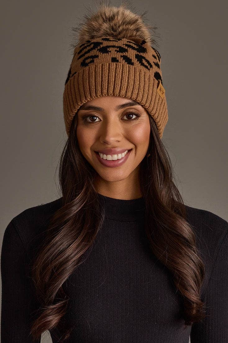 Panache Apparel Co. camel leopard print knit pom hat with faux fur pom