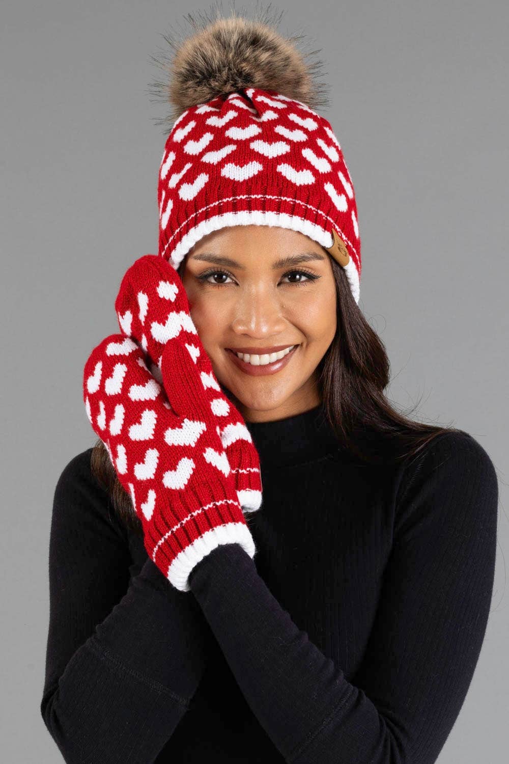 Panache Apparel Co. red and white heart print knit mittens, fleece-lined