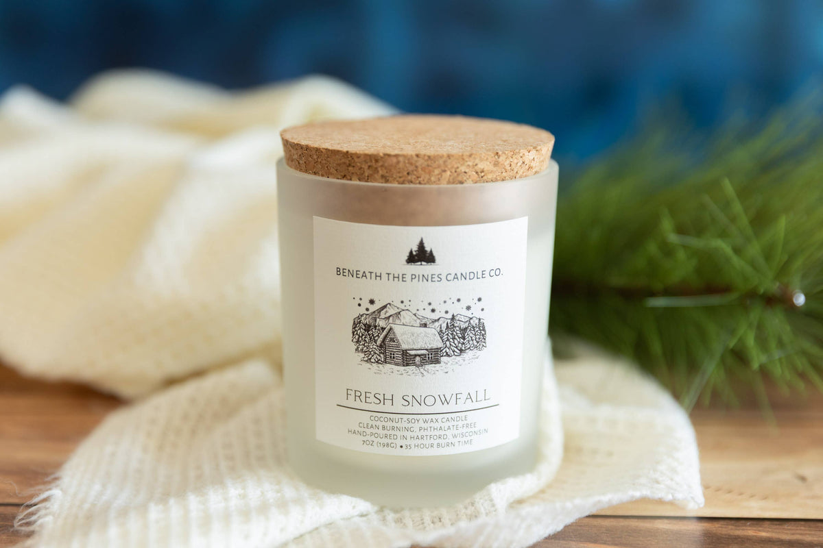 Beneath The Pines Candle Co. Fresh Snowfall soy candle in glass jar