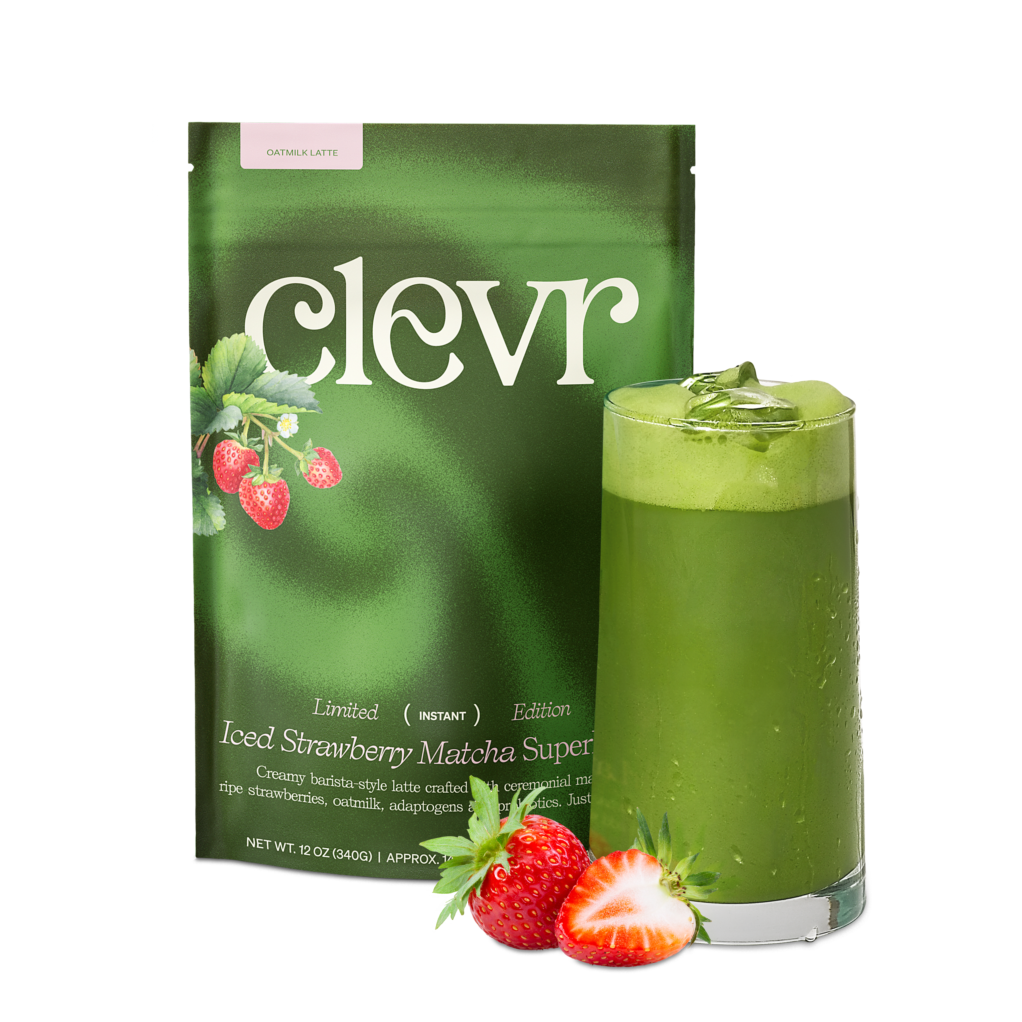 Iced Strawberry Matcha SuperLatte (14 Lattes) | Instant Ceremonial Matcha with Real Strawberry, Adaptogens and Mushrooms